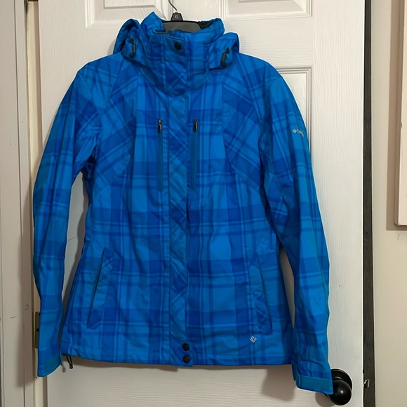 Women's blue plaid COLUMBIA Whirlibird hooded jacket shell.  Size M - Picture 1 of 5